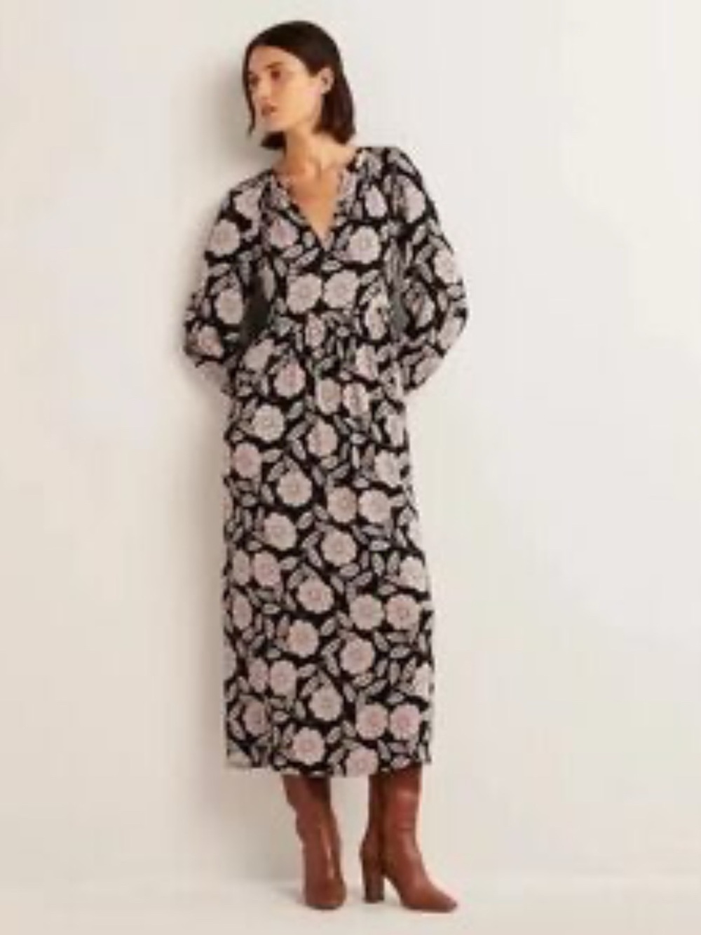 Boden Black Midi Dress with Cream Floral Print